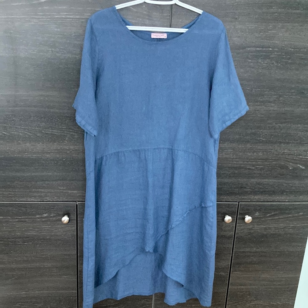 Caterina Ricci M Linen Grey Blue Elegant Loose Dress Hi Lo Hem Short Sleeves Med